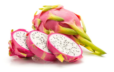 Sliced dragon fruit (Pitaya, Pitahaya) isolated on white background one whole and three slices.