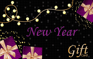 Fototapeta na wymiar New year and Merry Christmas gift card with velvet gift boxes, lamp bulbs, dark gorgeous background with golden bubbles.