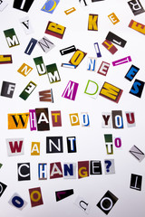 A word writing text showing concept of What Do You Need To Change question made of different magazine newspaper letter for Business case on the white background with copy space