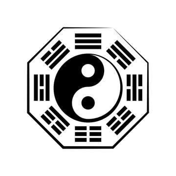 Yin-Yang and Bā-guà (8 trigrams). The Chinese Cosmic Symbol of duality and unity of opposites, surrounded by hieroglyphs of the eight essential elements of Nature. The Universal Principle of Harmony.