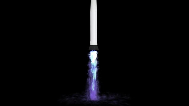 Animated launch or takeoff of a simple large space or interplanetary rocket with 8 busters burning liquid methane or other gas. Fire and smoke bounce of from invisible launch pad.