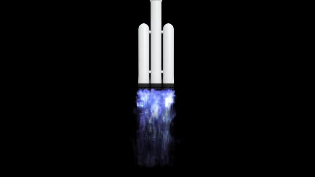 Animated launch or takeoff of a simple large space or interplanetary rocket with 24 busters burning liquid methane or other gas. Black background, mask included.