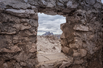 Italian army first world war rear post ruines, Fontananegra Pass, theater of fierce fighting in 1915 - 16, Tofane, Dolomites, Italy