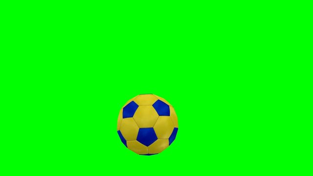 Animated simple plain soccer ball with blue and yellow material roiling slowly from left to right against green background.