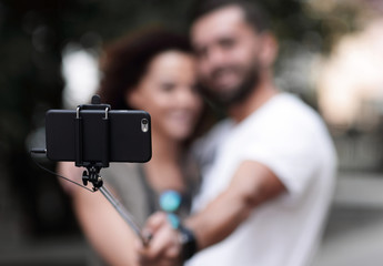 Happy traveling couple making selfie, romantic mood.