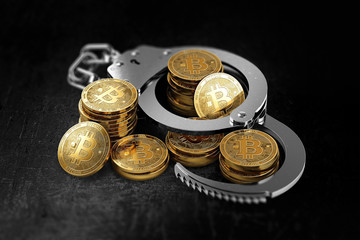 Bitcoin in handcuffs as banks wants to prohibit BTC concept. 3D rendering