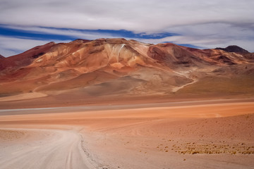Naklejka premium Sandy and gravel desert road through Altiplano