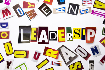 A word writing text showing concept of Leadership made of different magazine newspaper letter for Business case on the white background with copy space
