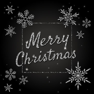 Merry Christmas vector banner with silver glittering snowflakes, lights, sparkles. Xmas greeting card with calligraphic text, shiny letters in square frame on black background. Modern design template