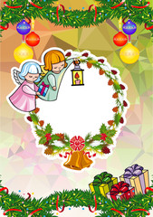 Christmas holiday card with pine branches, sweet little angel and round wreath.