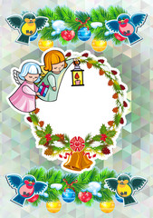 Christmas holiday card with pine branches, sweet little angel and round wreath.