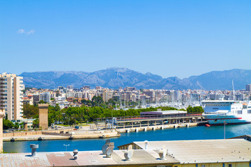 Fototapeta na wymiar Panoramic skyline view suburban Palma Mallorca in blue sky. 