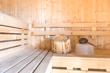 Fototapeta na wymiar Sauna interior and sauna accessories