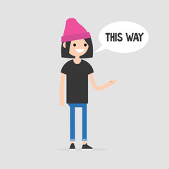 This way. Young female character pointing at the right direction. Navigation. Speech bubble. Flat editable vector illustration, clip art