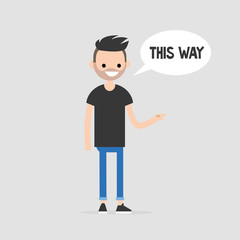 This way. Young character pointing at the right direction. Navigation. Speech bubble. Flat editable vector illustration, clip art