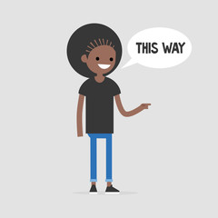 This way. Young black girl pointing at the right direction. Navigation. Speech bubble. Flat editable vector illustration, clip art