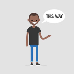 This way. Young character pointing at the right direction. Navigation. Speech bubble. Flat editable vector illustration, clip art