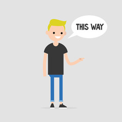 This way. Young character pointing at the right direction. Navigation. Speech bubble. Flat editable vector illustration, clip art