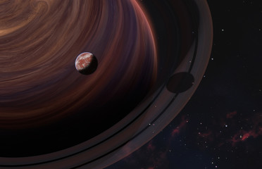 Close Up at Red Planet over Gas Giant with Rings on Nebula Background. Elements of this image furnished by NASA.