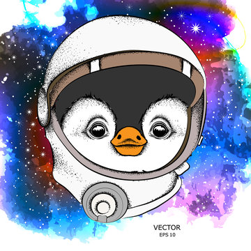 a cartoon penguin in an astronaut's space suit. Character in space. Vector illustration