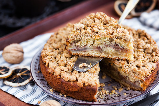 Piece Of Fresh Homemade Apple And Cinnamon Crumb Coffee Cake