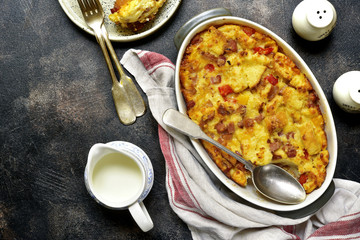 Bread pudding with bacon and cheese.Top view.