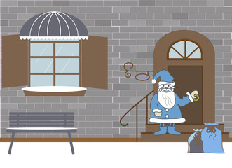 Pretty scenery in a rustic style. House, window with a striped awning, door, stairs. Decorative brick wall. Santa Claus with color