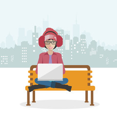 Woman sitting in a park, holding lap top on her lap. Social network concept. Flat vector illustration