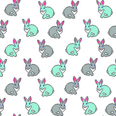 Grey and blue rabbit seamless pattern on black and white background. Vector isolated cartoon animals texture  template in pixel art style use for kids fabric cloth swimwear, design wallpaper, wrapping