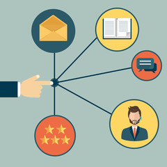 Male hand presenting customer relationship management. System for managing interactions with current and future customers. Flat vector illustration.