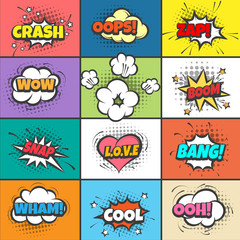 Comic pow bubbles. Cartoon bang and crash, wow and boom, oops explosion vector comix book elements