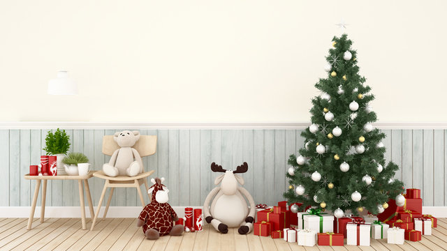 animal doll with christmas tree and gift box in living room -  artwork for Christmas day or happy new year- 3D Rendering