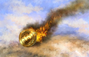 Bitcoin, fire, a fall, a crisis, a collapse. Oil  digital paintings. Fine art.