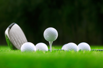Golf balls and golf club on green grass