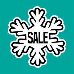 Black and white snowflake with the inscription SALE on turquoise background. Vector illustration