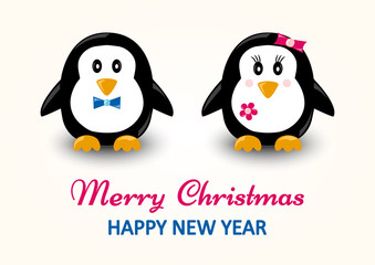 Christmas greeting card. Cartoon penguins, boy and girl. Vector illustration
