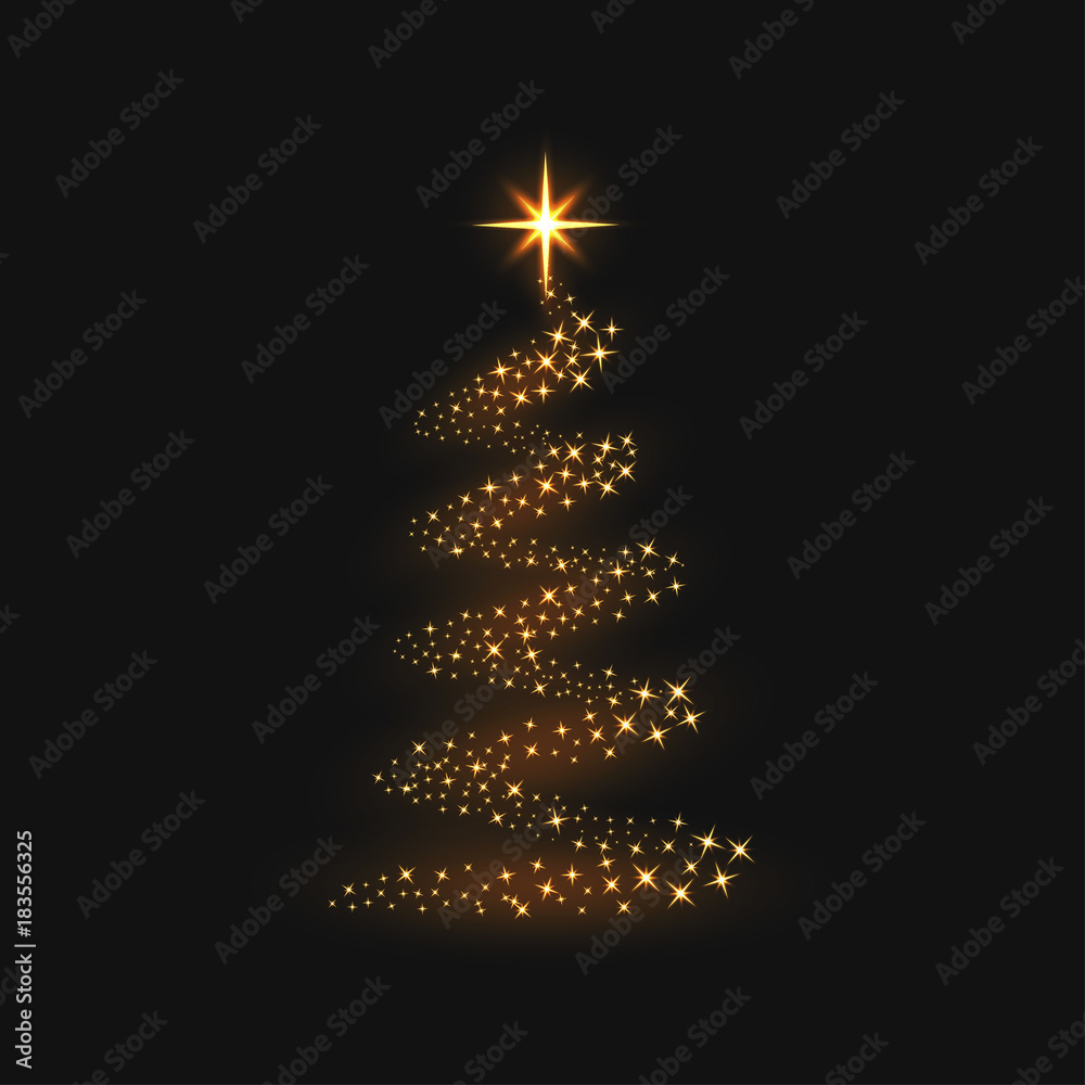 Poster christmas tree with golden magical sparkles. shiny christmas tree with star and light trail