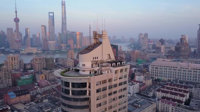 China Shanghai Aerial v34 Flying low around Waitan area with cityscape views 5/17