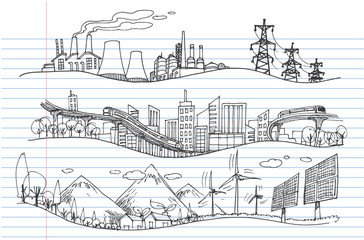 Vector hand drawn on lined notebook paper Illustration. Green world concept, Ecology doodles icons.
