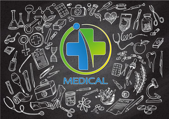 Health care design element in doodle style on chalkboard wall, vector illustration