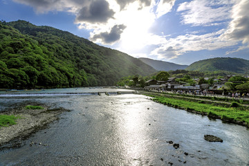 Katsura river and the mountain at arashiyama of kyoto