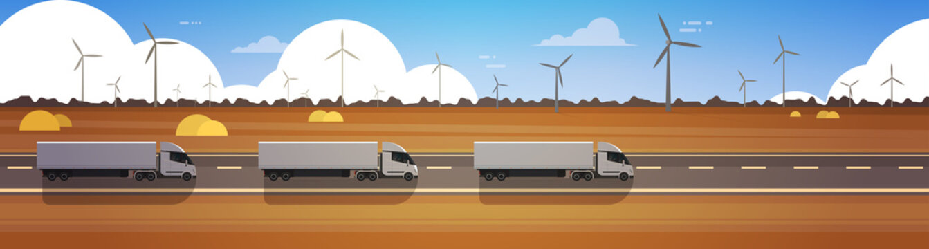 Line Of Cargo Semi Truck Trailers Driving Road Over Nature Landscape Horizontal Banner Vector Illustration