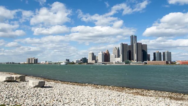 Timelapse Of Detroit Skyline From Windsor Waterfront Low Shot
