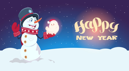 Fototapeta na wymiar Snowman Hold Cute Dog Symbol Of New Year 2018 Decoration Holiday Greeting Card Flat Vector Illustration