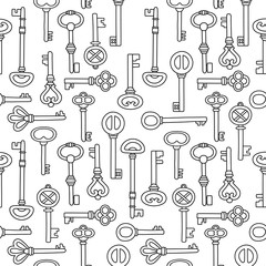 Fototapeta premium Vintage key seamless pattern, outlines, vector illustration