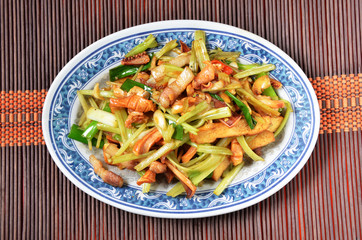 Taiwan's hakka  traditional cuisine - Stir fried pork, celery and ucttlefish 