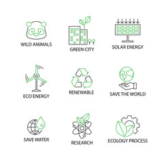 Modern Flat thin line Icon Set in Concept of Ecology with word Wild Animal,Green city,Solar Energy,Eco Energy,Renewable,Save the world,Save water,Research,Ecology Process.Editable Stroke.
