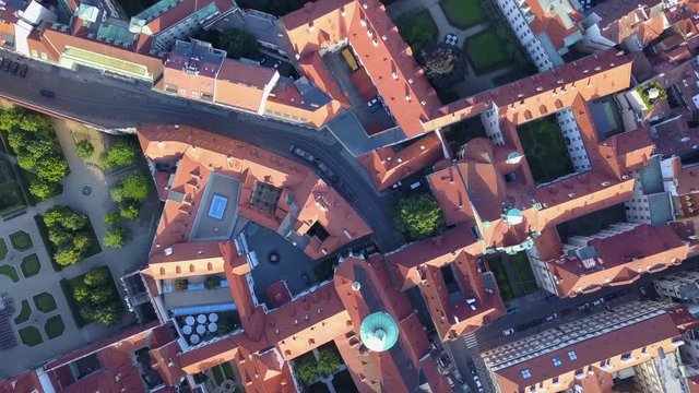 Czech Republic Prague Aerial v6 Vertical view flying low over Mala Strana area 8/17