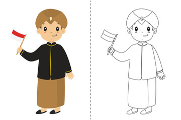 Indonesian boy wearing Javanese traditional dress and holding an Indonesian flag. 
Children wearing Indonesian traditional dress, black and white outline cartoon vector for coloring page.