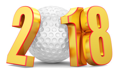 White ball for golf and gold numbers with a red edging 2018 on a white background. 3d rendering illustration.